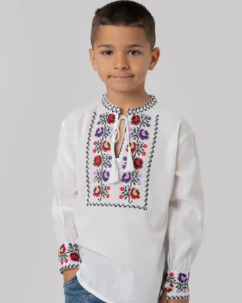 Camasa traditionala de baieti alba cu motiv floral multicolor Marc