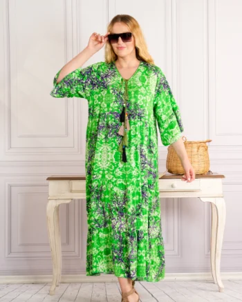 Rochie verde lunga boho chic cu imprimeuri florale mov