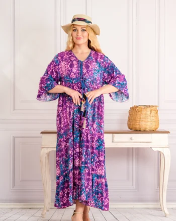 Rochie mov lunga boho chic cu imprimeuri florale albastre