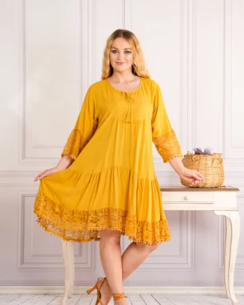 Rochie galbena midi boho chic cu aplicatie din dantela si volane