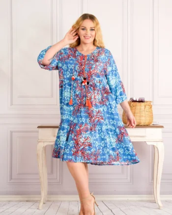 Rochie albastra midi boho chic cu imprimeuri florale corai