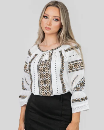 Ie traditionala alba cu motiv floral crem Atena 02