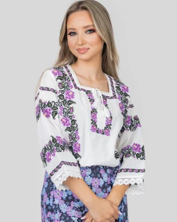 Bluza alba cu motiv floral mov Dalia 02