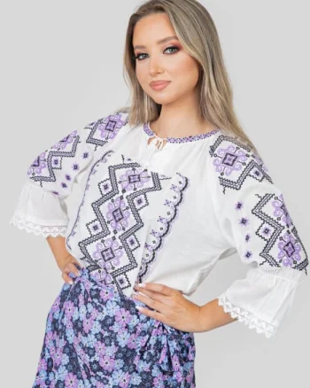 Ie traditionala alba cu motiv geometric mov Erica 01