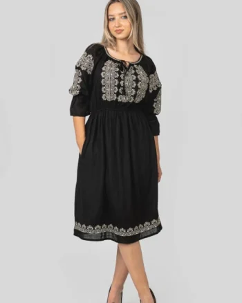 Rochie traditionala midi neagra cu motiv geometric alb Elisabeta 01