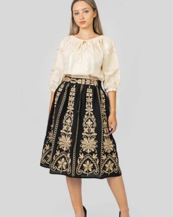 Fusta traditionala neagra cu broderie florala crem Mirabela 01