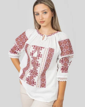 Ie traditionala alba cu motiv floral rosu Sanziana 01