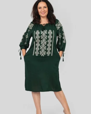 Rochie traditionala midi verde cu motiv geometric gri Ecaterina 02
