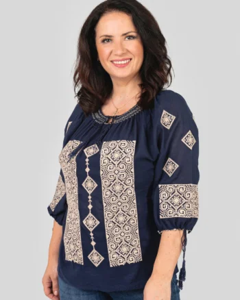Ie traditionala bleumarin cu motiv geometric crem Tamara 02