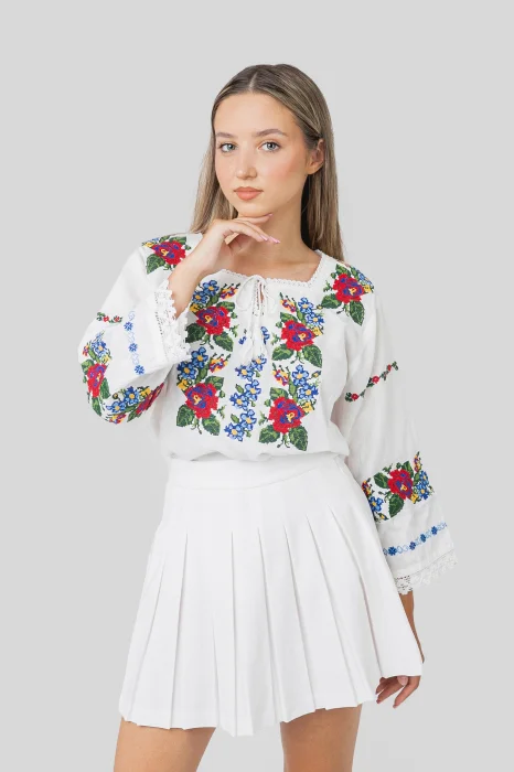 Bluza alba cu motiv floral multicolor Alina