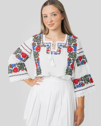 Bluza alba cu motiv floral multicolor Clarisa - maneca scurta