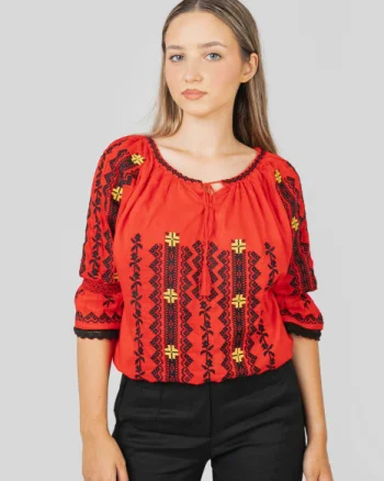 Ie traditionala rosie cu motiv geometric negru Dominica 04