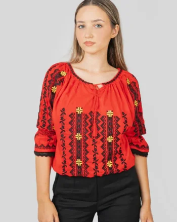 Ie traditionala rosie cu motiv geometric negru Dominica 04