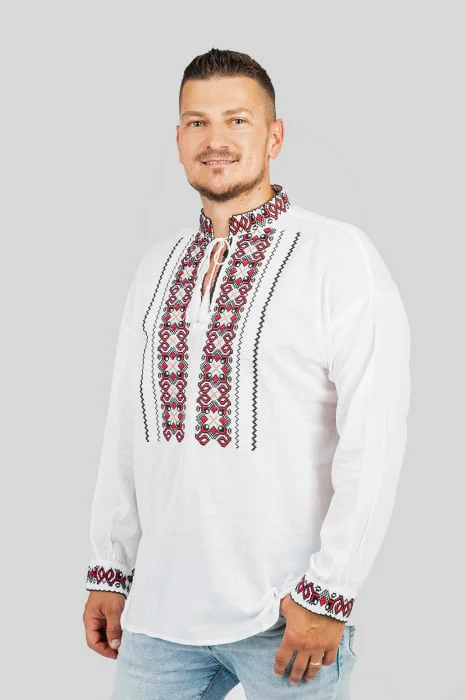 Camasa barbateasca traditionala alba cu motiv geometric rosu Luca 03