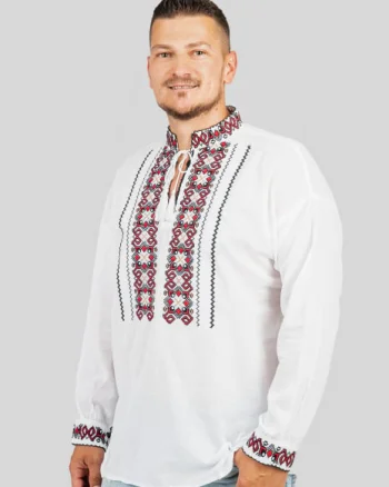 Camasa barbateasca traditionala alba cu motiv geometric rosu Luca 03