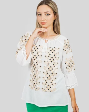 Ie traditionala alba cu motiv geometric crem Aniela 01