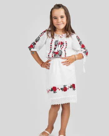Compleu traditional alb pentru fetite cu motiv floral rosu Maria