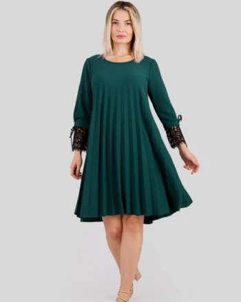 Rochie plisata verde cu insertie de dantela