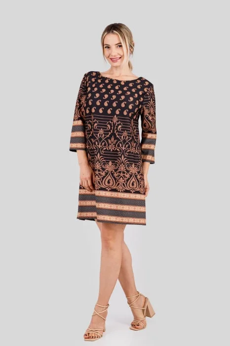 Rochie office maro cu imprimeuri florale crem si maneci trei sferturi