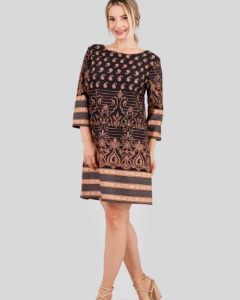 Rochie office maro cu imprimeuri florale crem si maneci trei sferturi