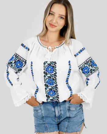 Ie traditionala alba cu motiv floral albastru Mihaela 01