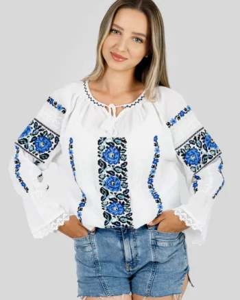 Ie traditionala alba cu motiv floral albastru Mihaela 01