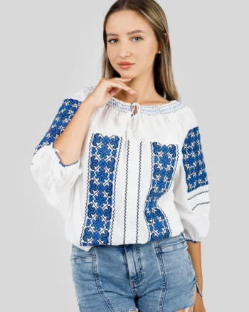 Ie traditionala alba cu motiv geometric albastru Silvia 04