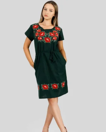 Rochie traditionala midi verde cu motiv floral rosu Larisa 02