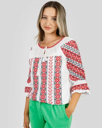 Ie traditionala alba cu motiv geometric rosu Aurora 02