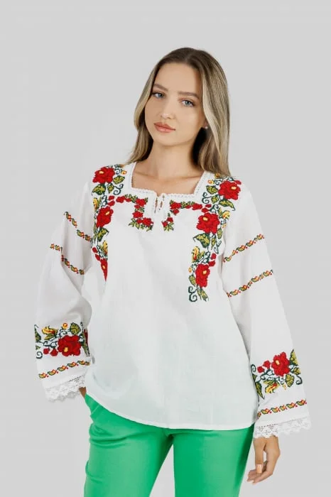 Bluza alba cu motiv floral rosu Alisa
