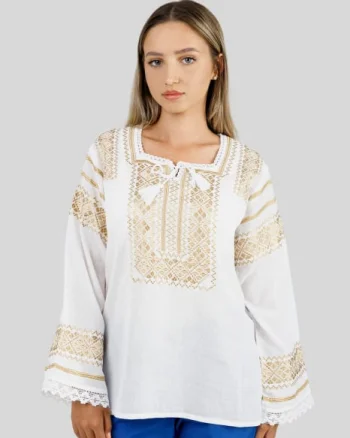 Bluza alba cu motiv geometric auriu Dora 01