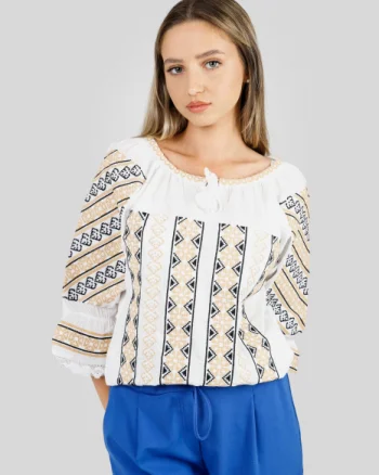 Ie traditionala alba cu motiv geometric auriu Aurora 03
