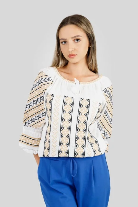 Ie traditionala alba cu motiv geometric auriu Aurora 03