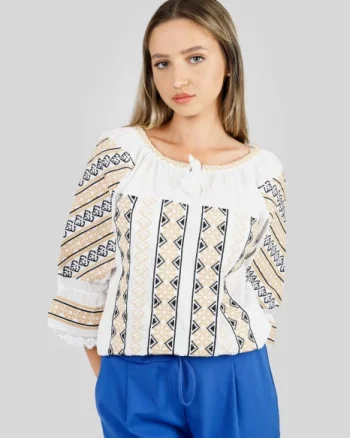 Ie traditionala alba cu motiv geometric auriu Aurora 03