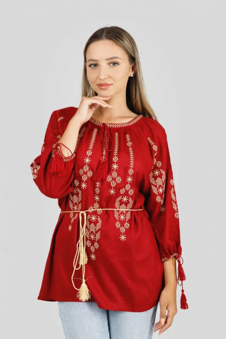 Bluza rosie cu motiv geometric auriu Iosefina 03