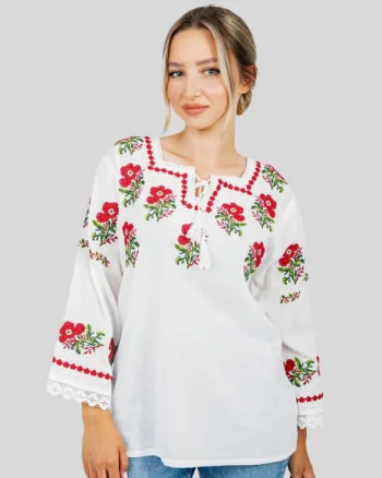 Bluza alba cu motiv floral rosu Amelia