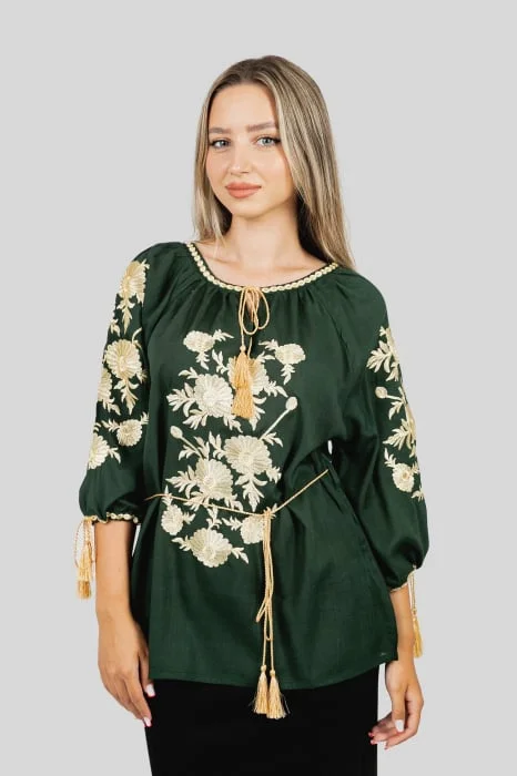 Bluza verde cu motiv floral auriu Taisia 02