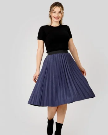 Fusta plisata indigo din piele intoarsa sintetica cu elastic in talie