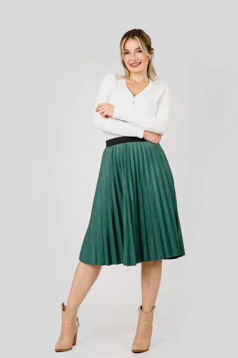 Fusta plisata verde din piele intoarsa sintetica cu elastic in talie