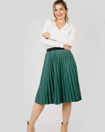 Fusta plisata verde din piele intoarsa sintetica cu elastic in talie