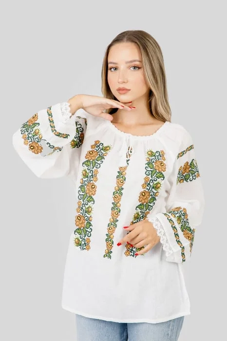 Ie traditionala alba cu motiv floral crem Codruta