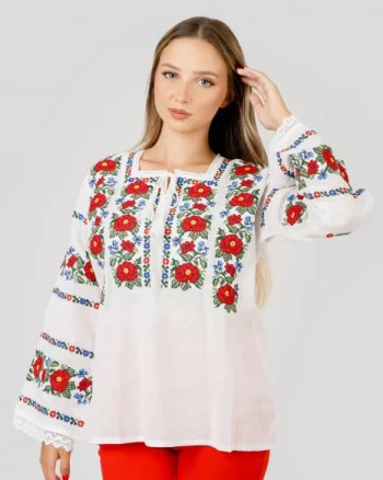 Bluza alba cu motiv floral rosu Fabiana