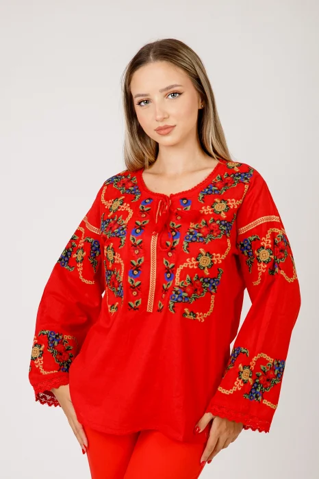 Bluza rosie cu motiv floral multicolor Afrodita 03