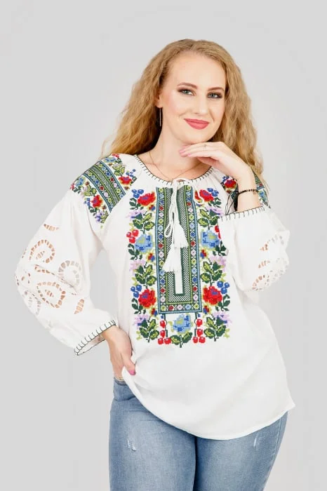 Bluza alba cu motiv floral multicolor Simona 01 - maneca lunga