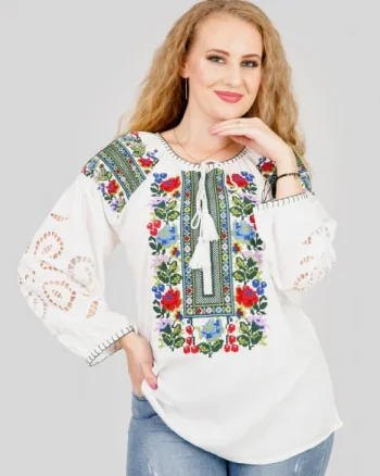 Bluza alba cu motiv floral multicolor Simona 01 - maneca lunga