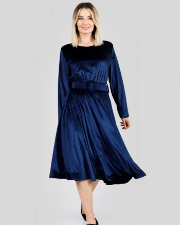 Rochie bleumarin din catifea cu centura in talie