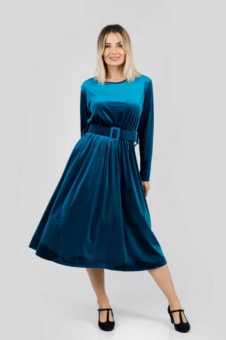 Rochie turcoaz din catifea cu centura in talie
