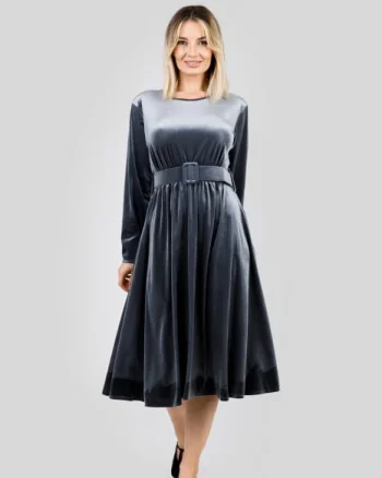 Rochie gri din catifea cu centura in talie