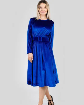Rochie albastru regal din catifea cu centura in talie