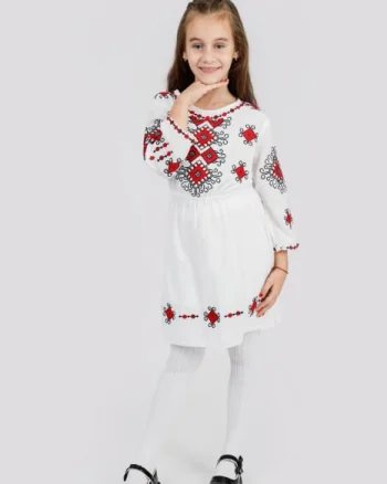 Rochie traditionala alba pentru fetite cu motiv geometric rosu Lorena